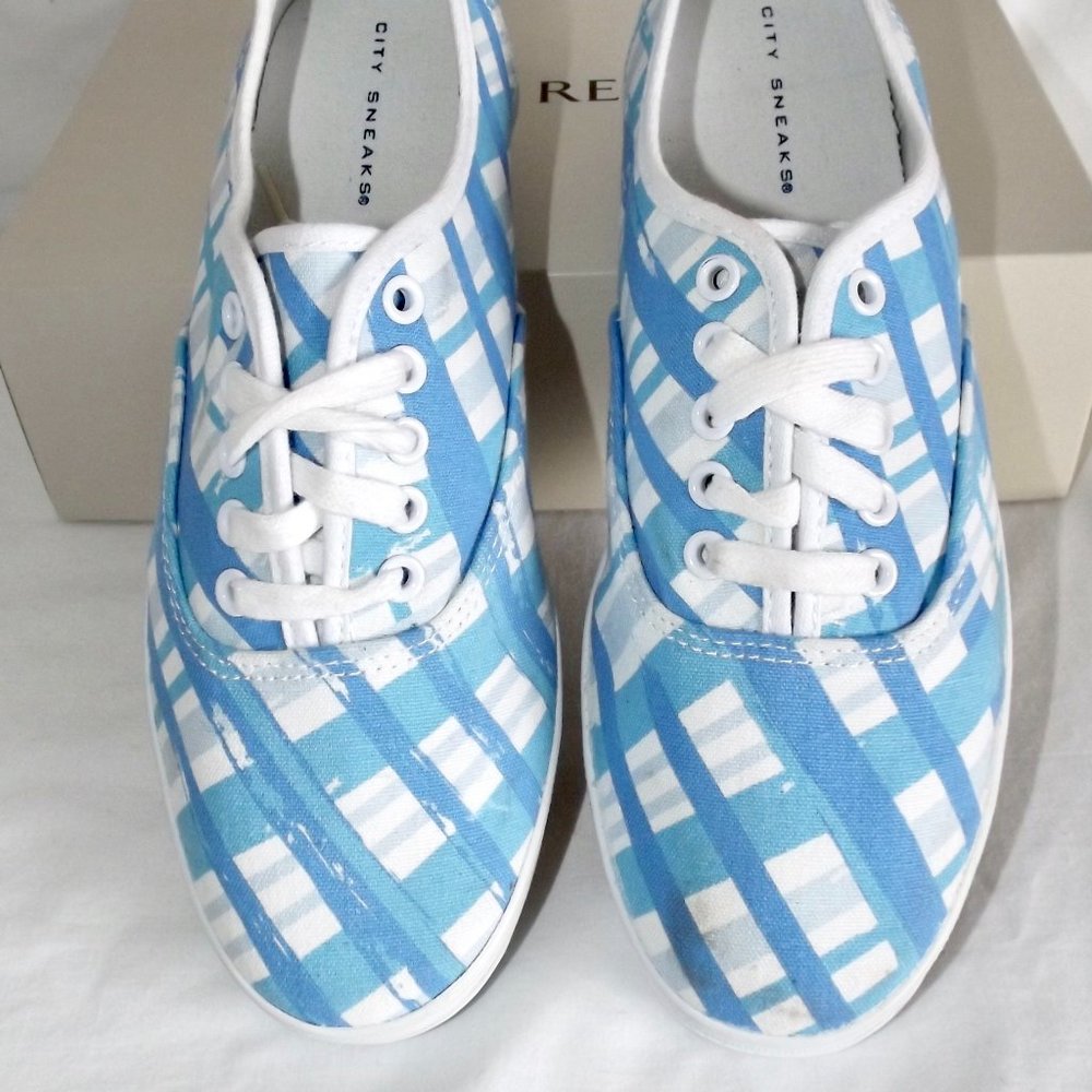 City Sneaks, Sneakers, White with Blue plaid, Size 7.5, New!
